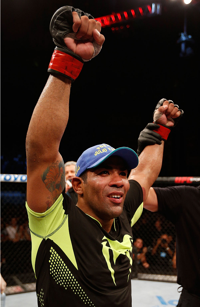 NATAL, BRAZIL - MARCH 23: Michel Prazeres reacts after his decision victory over Maribek Taisumov in their lightweight bout during the UFC Fight Night event at Ginasio Nelio Dias on March 23, 2014 in Natal, Brazil. (Photo by Josh Hedges/Zuffa LLC/Zuffa L