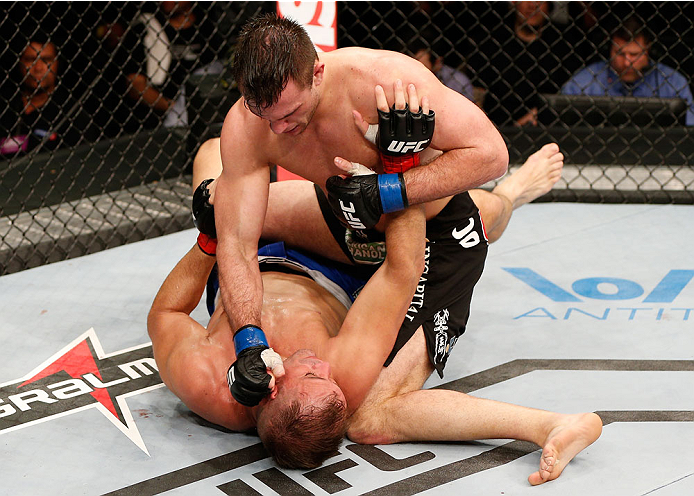 NATAL, BRAZIL - MARCH 23: Gian Villante (top) punches Fabio Maldonado in their light heavyweight bout during the UFC Fight Night event at Ginasio Nelio Dias on March 23, 2014 in Natal, Brazil. (Photo by Josh Hedges/Zuffa LLC/Zuffa LLC via Getty Images)