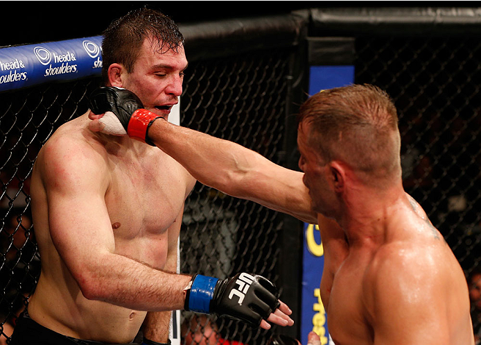 NATAL, BRAZIL - MARCH 23: (R-L) Fabio Maldonado punches Gian Villante in their light heavyweight bout during the UFC Fight Night event at Ginasio Nelio Dias on March 23, 2014 in Natal, Brazil. (Photo by Josh Hedges/Zuffa LLC/Zuffa LLC via Getty Images)