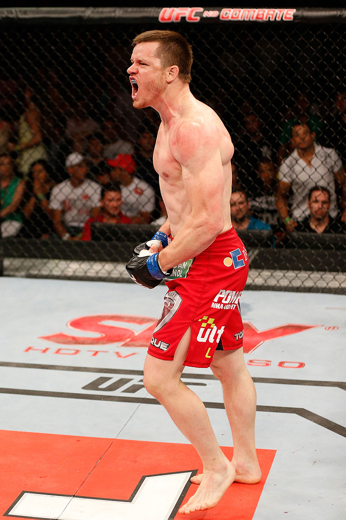 NATAL, BRAZIL - MARCH 23: CB Dollaway reacts after his knockout victory over Cezar "Mutante" Ferreira in their middleweight bout during the UFC Fight Night event at Ginasio Nelio Dias on March 23, 2014 in Natal, Brazil. (Photo by Josh Hedges/Zuffa LLC/Zu