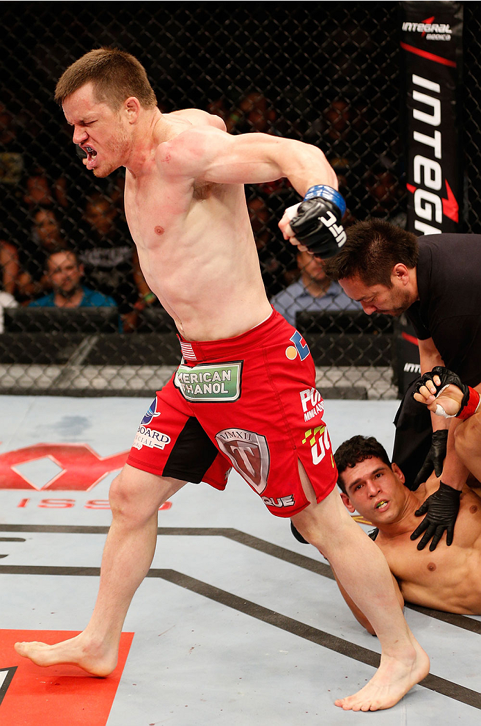 NATAL, BRAZIL - MARCH 23: CB Dollaway reacts after his knockout victory over Cezar "Mutante" Ferreira in their middleweight bout during the UFC Fight Night event at Ginasio Nelio Dias on March 23, 2014 in Natal, Brazil. (Photo by Josh Hedges/Zuffa LLC/Zu