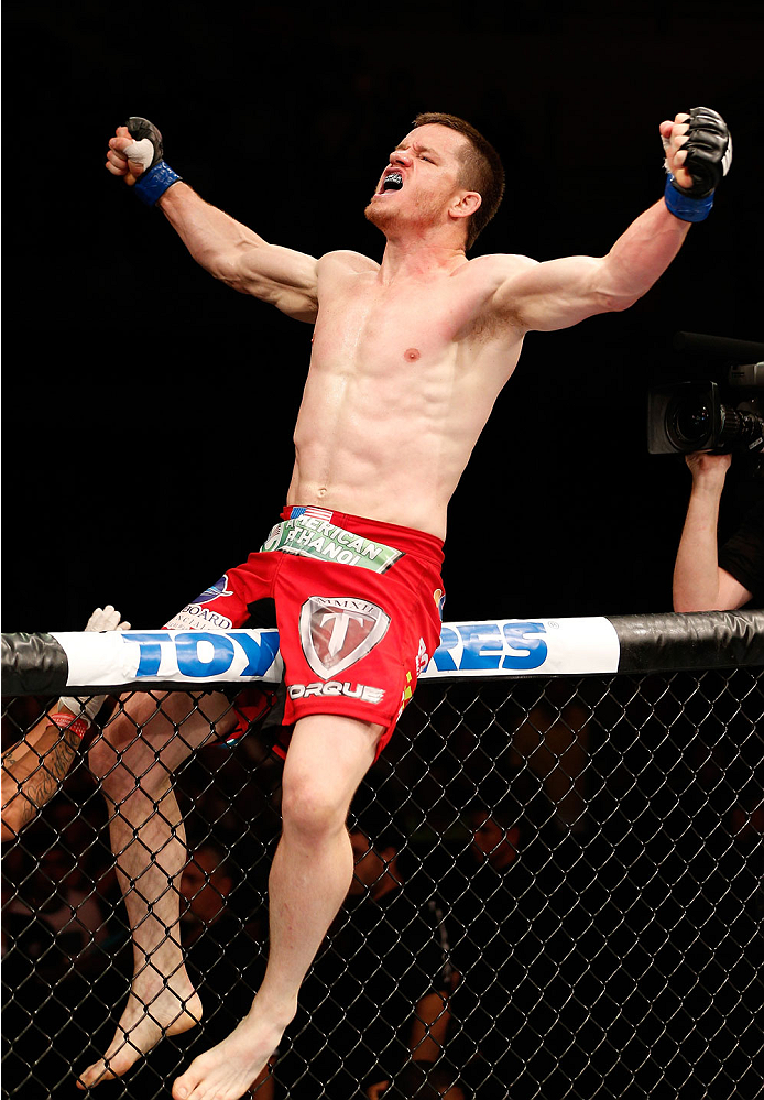 NATAL, BRAZIL - MARCH 23: CB Dollaway reacts after his knockout victory over Cezar "Mutante" Ferreira in their middleweight bout during the UFC Fight Night event at Ginasio Nelio Dias on March 23, 2014 in Natal, Brazil. (Photo by Josh Hedges/Zuffa LLC/Zu