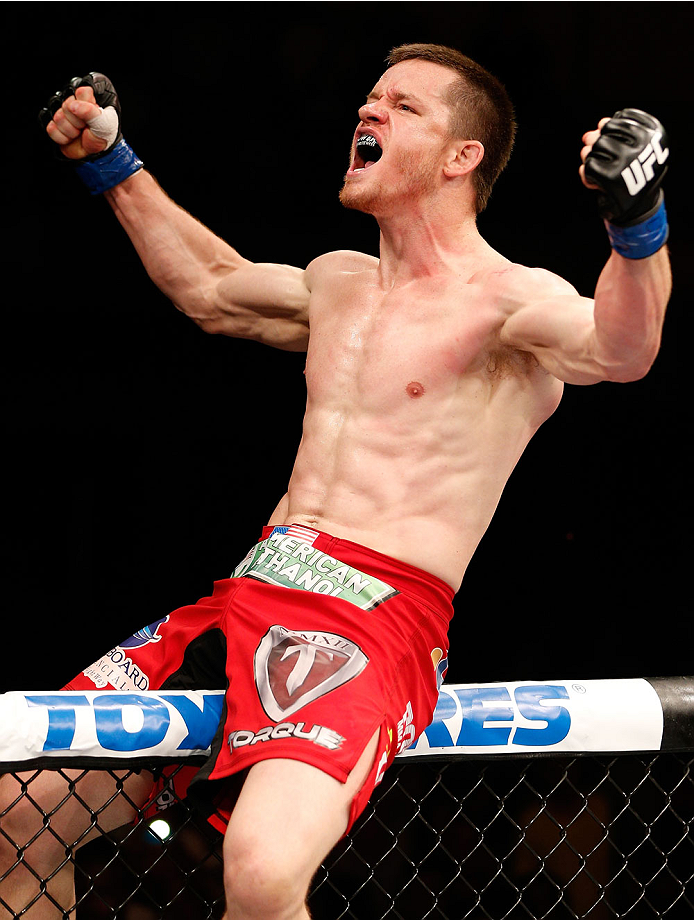 NATAL, BRAZIL - MARCH 23: CB Dollaway reacts after his knockout victory over Cezar "Mutante" Ferreira in their middleweight bout during the UFC Fight Night event at Ginasio Nelio Dias on March 23, 2014 in Natal, Brazil. (Photo by Josh Hedges/Zuffa LLC/Zu