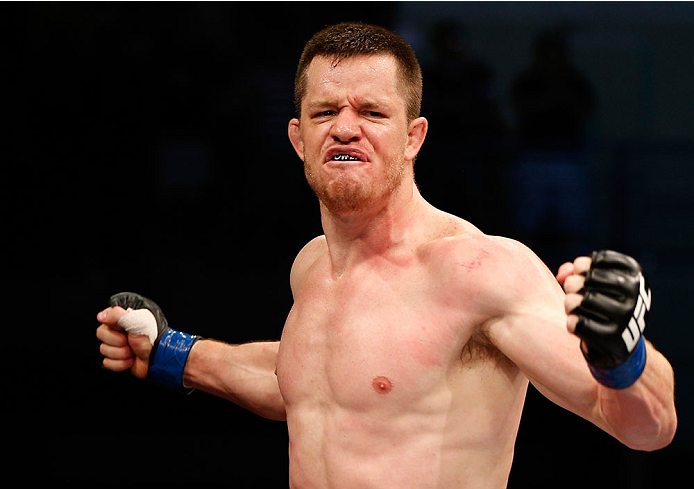 NATAL, BRAZIL - MARCH 23: CB Dollaway reacts after his knockout victory over Cezar "Mutante" Ferreira in their middleweight bout during the UFC Fight Night event at Ginasio Nelio Dias on March 23, 2014 in Natal, Brazil. (Photo by Josh Hedges/Zuffa LLC/Zu