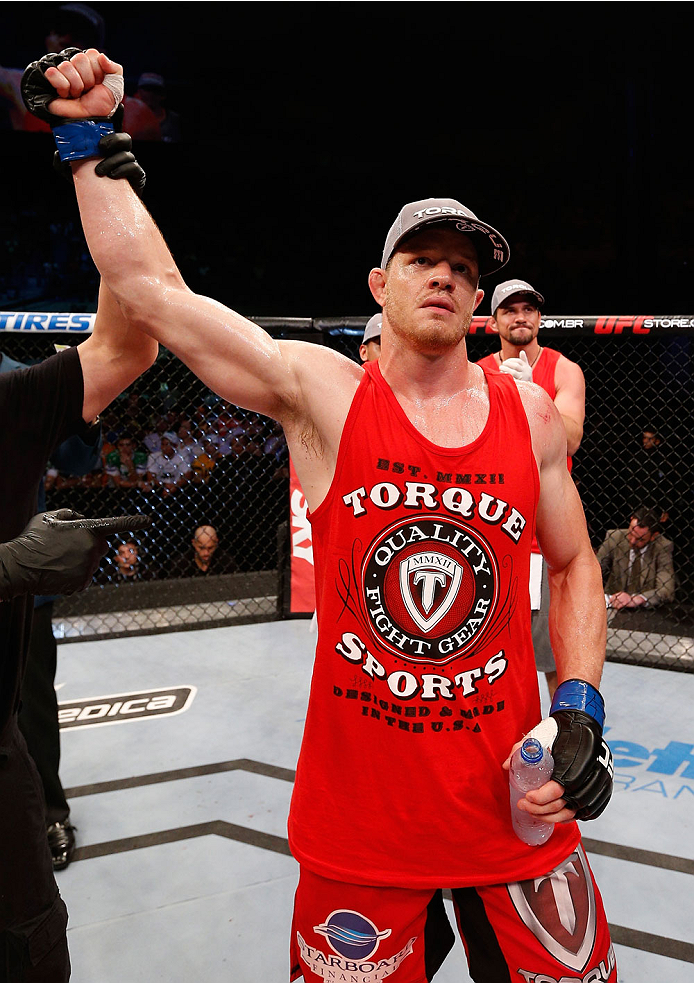 NATAL, BRAZIL - MARCH 23: CB Dollaway reacts after his knockout victory over Cezar "Mutante" Ferreira in their middleweight bout during the UFC Fight Night event at Ginasio Nelio Dias on March 23, 2014 in Natal, Brazil. (Photo by Josh Hedges/Zuffa LLC/Zu