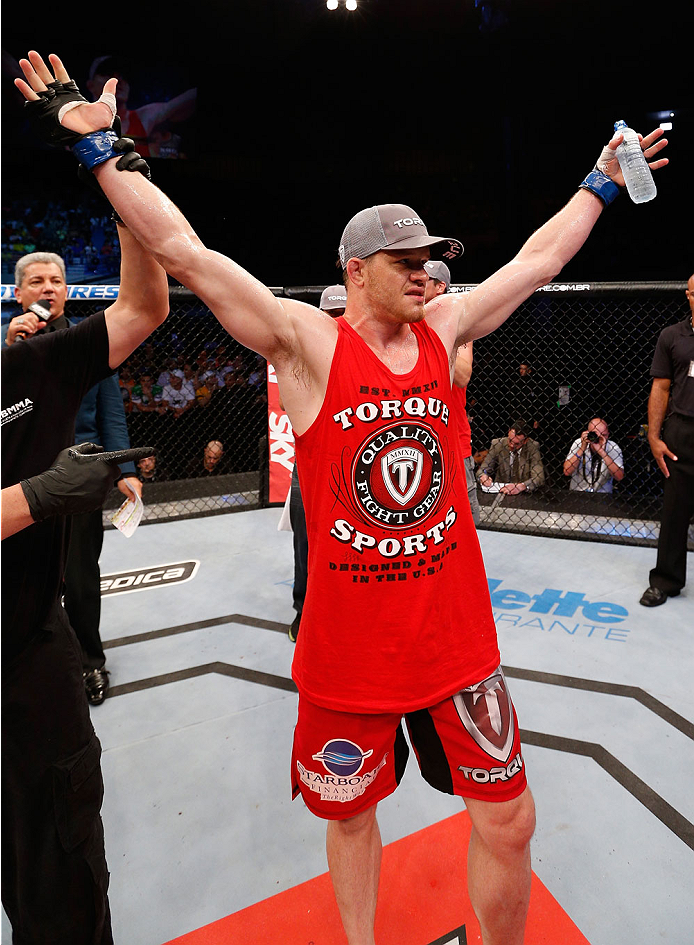 NATAL, BRAZIL - MARCH 23: CB Dollaway reacts after his knockout victory over Cezar "Mutante" Ferreira in their middleweight bout during the UFC Fight Night event at Ginasio Nelio Dias on March 23, 2014 in Natal, Brazil. (Photo by Josh Hedges/Zuffa LLC/Zu