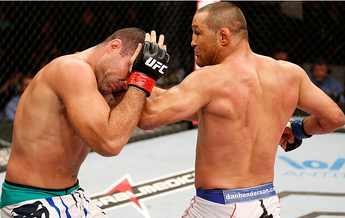 NATAL, BRAZIL - MARCH 23: (R-L) Dan Henderson punches Mauricio "Shogun" Rua in their light heavyweight bout during the UFC Fight Night event at Ginasio Nelio Dias on March 23, 2014 in Natal, Brazil. (Photo by Josh Hedges/Zuffa LLC/Zuffa LLC via Getty Ima