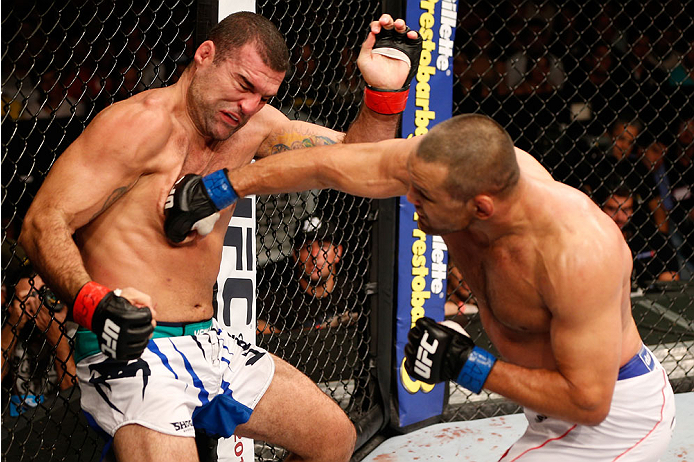 NATAL, BRAZIL - MARCH 23: (R-L) Dan Henderson punches Mauricio "Shogun" Rua in their light heavyweight bout during the UFC Fight Night event at Ginasio Nelio Dias on March 23, 2014 in Natal, Brazil. (Photo by Josh Hedges/Zuffa LLC/Zuffa LLC via Getty Ima