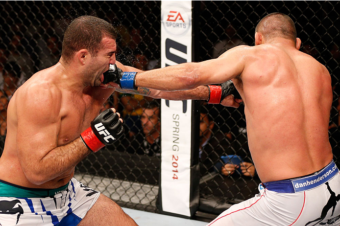 NATAL, BRAZIL - MARCH 23: (L-R) Mauricio "Shogun" Rua and Dan Henderson trade punches in their light heavyweight bout during the UFC Fight Night event at Ginasio Nelio Dias on March 23, 2014 in Natal, Brazil. (Photo by Josh Hedges/Zuffa LLC/Zuffa LLC via