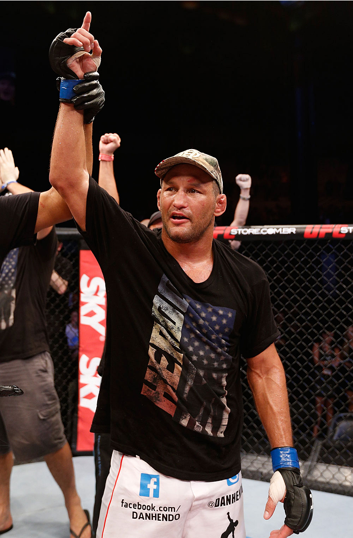 NATAL, BRAZIL - MARCH 23: Dan Henderson reacts after knocking out Mauricio "Shogun" Rua in their light heavyweight bout during the UFC Fight Night event at Ginasio Nelio Dias on March 23, 2014 in Natal, Brazil. (Photo by Josh Hedges/Zuffa LLC/Zuffa LLC v