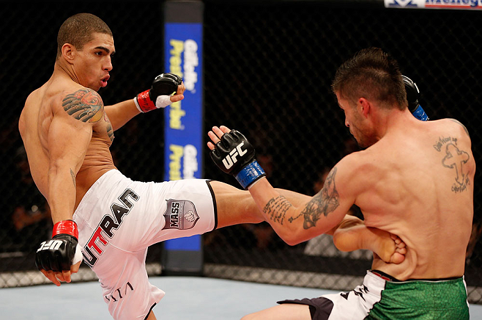 JARAGUA DO SUL, BRAZIL - MAY 18: (L-R) Lucas Martins kicks Jeremy Larsen in their lightweight bout during the UFC on FX event on May 18, 2013 at Arena Jaragua in Jaragua do Sul, Santa Catarina, Brazil. (Photo by Josh Hedges/Zuffa LLC/Zuffa LLC via Getty I