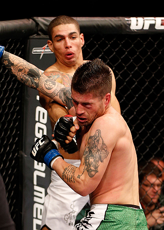 JARAGUA DO SUL, BRAZIL - MAY 18: (L-R) Lucas Martins punches Jeremy Larsen in their lightweight bout during the UFC on FX event on May 18, 2013 at Arena Jaragua in Jaragua do Sul, Santa Catarina, Brazil. (Photo by Josh Hedges/Zuffa LLC/Zuffa LLC via Getty
