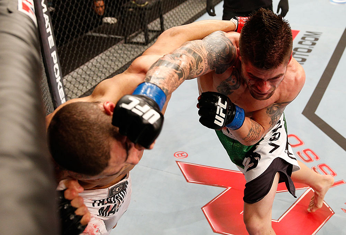 JARAGUA DO SUL, BRAZIL - MAY 18: (R-L) Jeremy Larsen punches Lucas Martins in their lightweight bout during the UFC on FX event on May 18, 2013 at Arena Jaragua in Jaragua do Sul, Santa Catarina, Brazil. (Photo by Josh Hedges/Zuffa LLC/Zuffa LLC via Getty