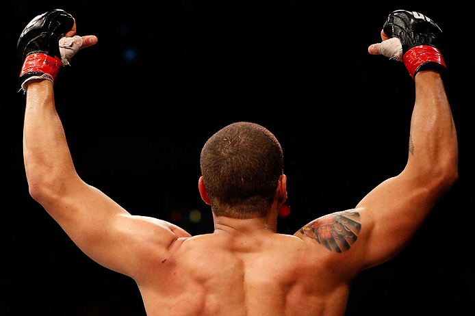 JARAGUA DO SUL, BRAZIL - MAY 18: Lucas Martins reacts after knocking out Jeremy Larsen in their lightweight bout during the UFC on FX event on May 18, 2013 at Arena Jaragua in Jaragua do Sul, Santa Catarina, Brazil. (Photo by Josh Hedges/Zuffa LLC/Zuffa L