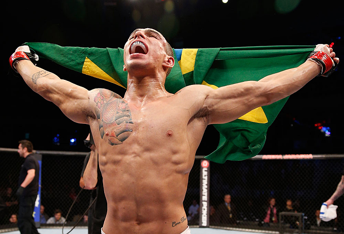 JARAGUA DO SUL, BRAZIL - MAY 18: Lucas Martins reacts after knocking out Jeremy Larsen in their lightweight bout during the UFC on FX event on May 18, 2013 at Arena Jaragua in Jaragua do Sul, Santa Catarina, Brazil. (Photo by Josh Hedges/Zuffa LLC/Zuffa L