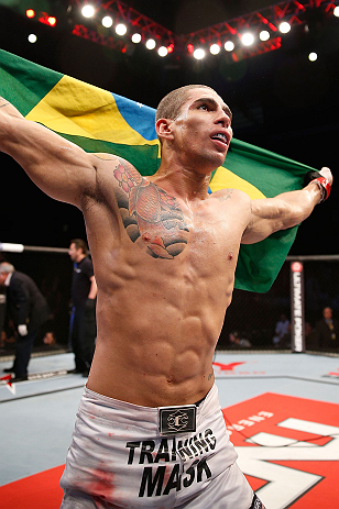 JARAGUA DO SUL, BRAZIL - MAY 18: Lucas Martins reacts after knocking out Jeremy Larsen in their lightweight bout during the UFC on FX event on May 18, 2013 at Arena Jaragua in Jaragua do Sul, Santa Catarina, Brazil. (Photo by Josh Hedges/Zuffa LLC/Zuffa L