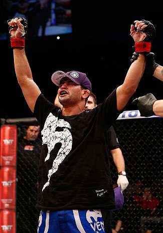 JARAGUA DO SUL, BRAZIL - MAY 18: Jussier Formiga reacts after scoring a decision victory over Chris Cariaso in their flyweight bout during the UFC on FX event on May 18, 2013 at Arena Jaragua in Jaragua do Sul, Santa Catarina, Brazil. (Photo by Josh He
