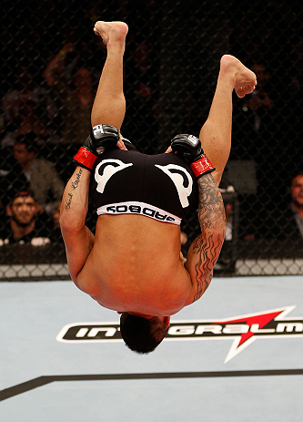 JARAGUA DO SUL, BRAZIL - MAY 18: John Lineker reacts after knocking out Azamat Gashimov in their flyweight bout during the UFC on FX event on May 18, 2013 at Arena Jaragua in Jaragua do Sul, Santa Catarina, Brazil. (Photo by Josh Hedges/Zuffa LLC/Zuffa