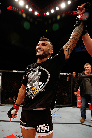 JARAGUA DO SUL, BRAZIL - MAY 18: John Lineker reacts after knocking out Azamat Gashimov in their flyweight bout during the UFC on FX event on May 18, 2013 at Arena Jaragua in Jaragua do Sul, Santa Catarina, Brazil. (Photo by Josh Hedges/Zuffa LLC/Zuffa