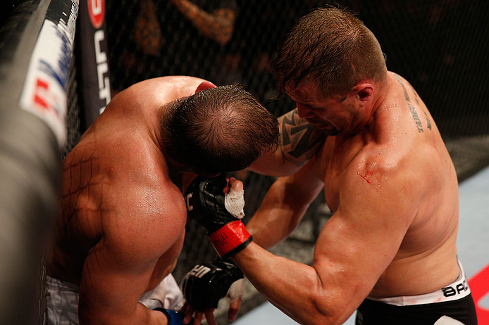 JARAGUA DO SUL, BRAZIL - MAY 18: (R-L) Fabio Maldonado punches Roger Hollett in their light heavyweight bout during the UFC on FX event on May 18, 2013 at Arena Jaragua in Jaragua do Sul, Santa Catarina, Brazil. (Photo by Josh Hedges/Zuffa LLC/Zuffa LLC v