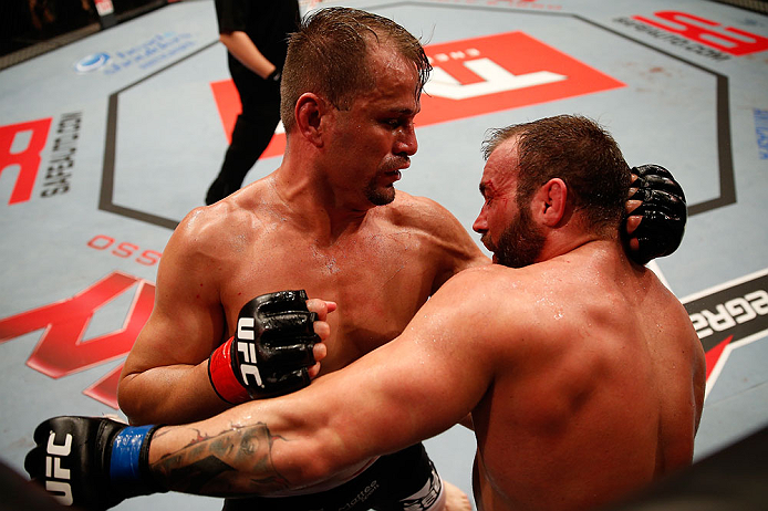 JARAGUA DO SUL, BRAZIL - MAY 18: (L-R) Fabio Maldonado punches Roger Hollett in their light heavyweight bout during the UFC on FX event on May 18, 2013 at Arena Jaragua in Jaragua do Sul, Santa Catarina, Brazil. (Photo by Josh Hedges/Zuffa LLC/Zuffa LLC v