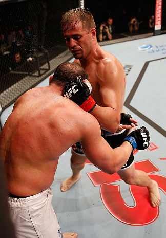 JARAGUA DO SUL, BRAZIL - MAY 18: (R-L) Fabio Maldonado punches Roger Hollett in their light heavyweight bout during the UFC on FX event on May 18, 2013 at Arena Jaragua in Jaragua do Sul, Santa Catarina, Brazil. (Photo by Josh Hedges/Zuffa LLC/Zuffa LLC v