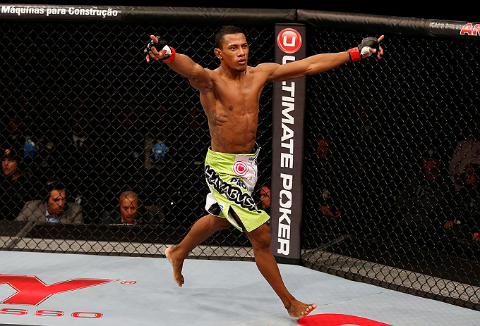 JARAGUA DO SUL, BRAZIL - MAY 18: Yuri Alcantara reacts after knocking out Iliarde Santos in their bantamweight bout during the UFC on FX event on May 18, 2013 at Arena Jaragua in Jaragua do Sul, Santa Catarina, Brazil. (Photo by Josh Hedges/Zuffa LLC/Zuff