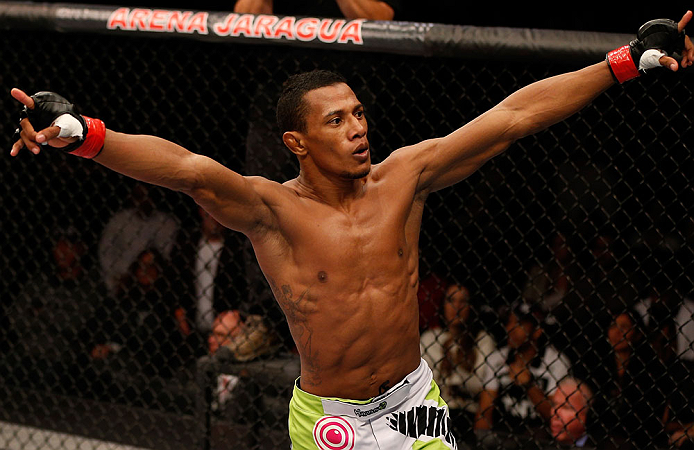 JARAGUA DO SUL, BRAZIL - MAY 18: Yuri Alcantara reacts after knocking out Iliarde Santos in their bantamweight bout during the UFC on FX event on May 18, 2013 at Arena Jaragua in Jaragua do Sul, Santa Catarina, Brazil. (Photo by Josh Hedges/Zuffa LLC/Zuff