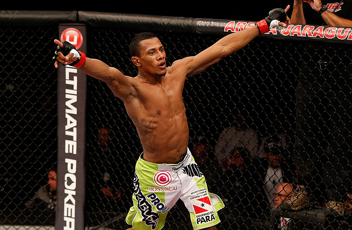 JARAGUA DO SUL, BRAZIL - MAY 18: Yuri Alcantara reacts after knocking out Iliarde Santos in their bantamweight bout during the UFC on FX event on May 18, 2013 at Arena Jaragua in Jaragua do Sul, Santa Catarina, Brazil. (Photo by Josh Hedges/Zuffa LLC/Zuff