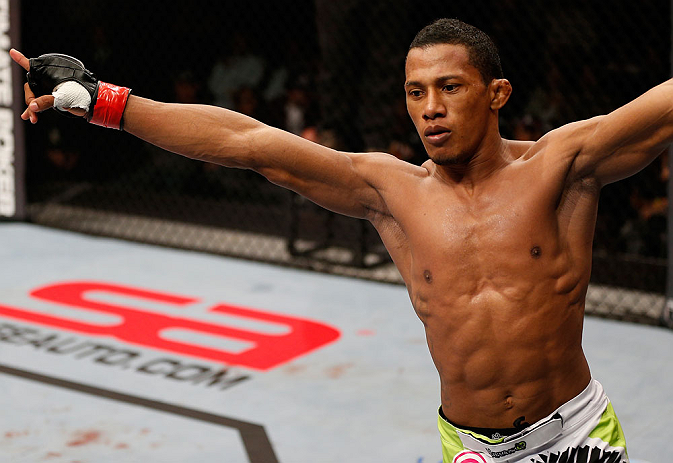 JARAGUA DO SUL, BRAZIL - MAY 18: Yuri Alcantara reacts after knocking out Iliarde Santos in their bantamweight bout during the UFC on FX event on May 18, 2013 at Arena Jaragua in Jaragua do Sul, Santa Catarina, Brazil. (Photo by Josh Hedges/Zuffa LLC/Zuff