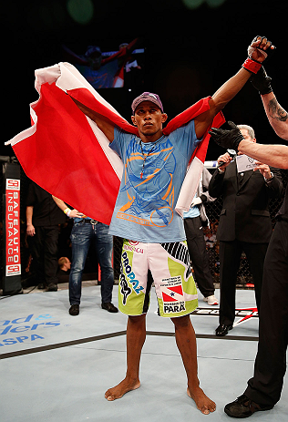 JARAGUA DO SUL, BRAZIL - MAY 18: Yuri Alcantara reacts after knocking out Iliarde Santos in their bantamweight bout during the UFC on FX event on May 18, 2013 at Arena Jaragua in Jaragua do Sul, Santa Catarina, Brazil. (Photo by Josh Hedges/Zuffa LLC/Zuff