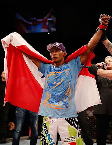 JARAGUA DO SUL, BRAZIL - MAY 18: Yuri Alcantara reacts after knocking out Iliarde Santos in their bantamweight bout during the UFC on FX event on May 18, 2013 at Arena Jaragua in Jaragua do Sul, Santa Catarina, Brazil. (Photo by Josh Hedges/Zuffa LLC/Zuff