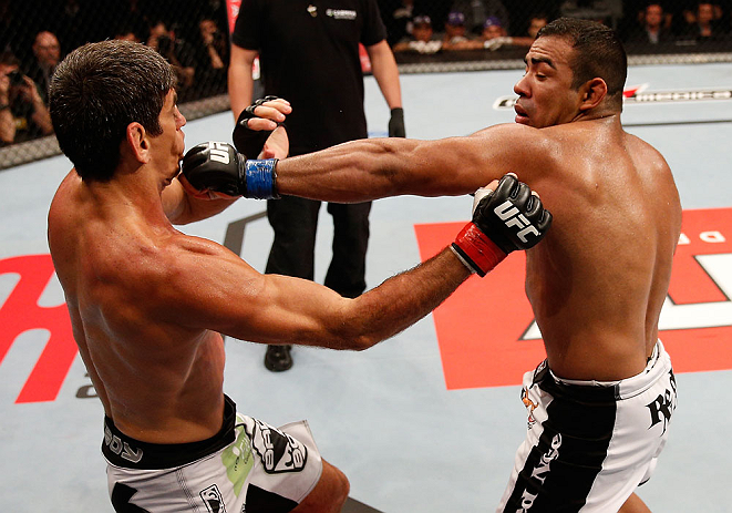 JARAGUA DO SUL, BRAZIL - MAY 18: (R-L) Michel Prazeres punches Paulo Thiago in their welterweight bout during the UFC on FX event on May 18, 2013 at Arena Jaragua in Jaragua do Sul, Santa Catarina, Brazil. (Photo by Josh Hedges/Zuffa LLC/Zuffa LLC via