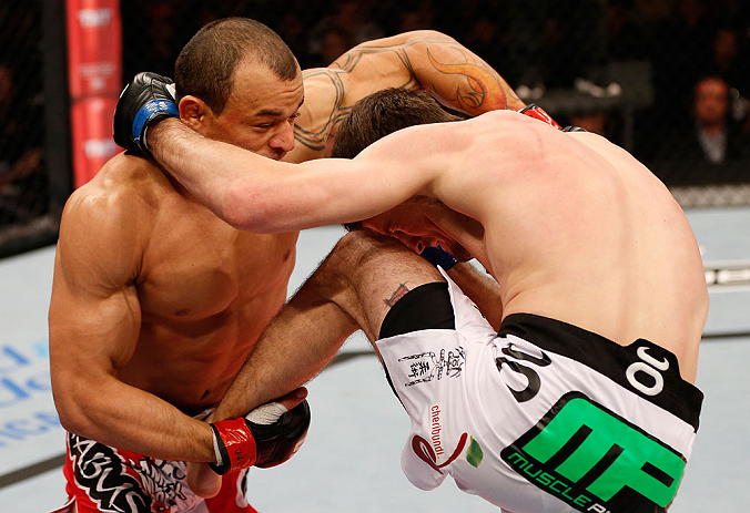 JARAGUA DO SUL, BRAZIL - MAY 18: (L-R) Gleison Tibau punches John Cholish in their lightweight bout during the UFC on FX event on May 18, 2013 at Arena Jaragua in Jaragua do Sul, Santa Catarina, Brazil. (Photo by Josh Hedges/Zuffa LLC/Zuffa LLC via Getty