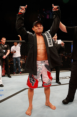 JARAGUA DO SUL, BRAZIL - MAY 18: Gleison Tibau reacts after defeating John Cholish in their lightweight bout during the UFC on FX event on May 18, 2013 at Arena Jaragua in Jaragua do Sul, Santa Catarina, Brazil. (Photo by Josh Hedges/Zuffa LLC/Zuffa LLC v