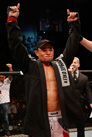 JARAGUA DO SUL, BRAZIL - MAY 18: Gleison Tibau reacts after defeating John Cholish in their lightweight bout during the UFC on FX event on May 18, 2013 at Arena Jaragua in Jaragua do Sul, Santa Catarina, Brazil. (Photo by Josh Hedges/Zuffa LLC/Zuffa LLC v