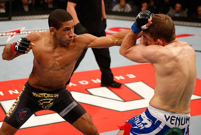 JARAGUA DO SUL, BRAZIL - MAY 18: (L-R) Hacran Dias punches Nik Lentz in their featherweight bout during the UFC on FX event on May 18, 2013 at Arena Jaragua in Jaragua do Sul, Santa Catarina, Brazil. (Photo by Josh Hedges/Zuffa LLC/Zuffa LLC via Getty Ima