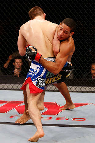 JARAGUA DO SUL, BRAZIL - MAY 18: (R-L) Hacran Dias attempts to take down Nik Lentz in their featherweight bout during the UFC on FX event on May 18, 2013 at Arena Jaragua in Jaragua do Sul, Santa Catarina, Brazil. (Photo by Josh Hedges/Zuffa LLC/Zuffa LLC