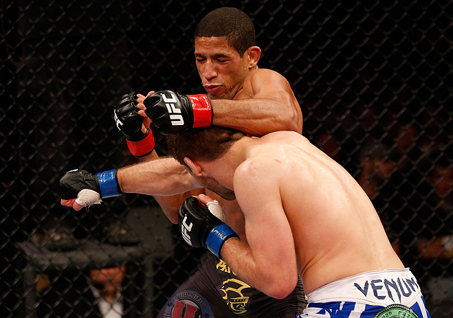 JARAGUA DO SUL, BRAZIL - MAY 18: (R-L) Nik Lentz and Hacran Dias trade punches in their featherweight bout during the UFC on FX event on May 18, 2013 at Arena Jaragua in Jaragua do Sul, Santa Catarina, Brazil. (Photo by Josh Hedges/Zuffa LLC/Zuffa LLC via