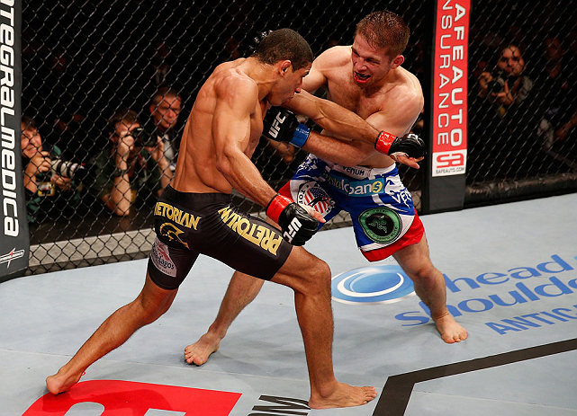 JARAGUA DO SUL, BRAZIL - MAY 18: (L-R) Hacran Dias punches Nik Lentz in their featherweight bout during the UFC on FX event on May 18, 2013 at Arena Jaragua in Jaragua do Sul, Santa Catarina, Brazil. (Photo by Josh Hedges/Zuffa LLC/Zuffa LLC via Getty Ima