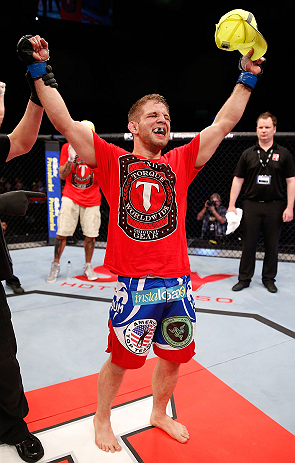 JARAGUA DO SUL, BRAZIL - MAY 18: Nik Lentz reacts after defeating Hacran Dias in their featherweight bout during the UFC on FX event on May 18, 2013 at Arena Jaragua in Jaragua do Sul, Santa Catarina, Brazil. (Photo by Josh Hedges/Zuffa LLC/Zuffa LLC via