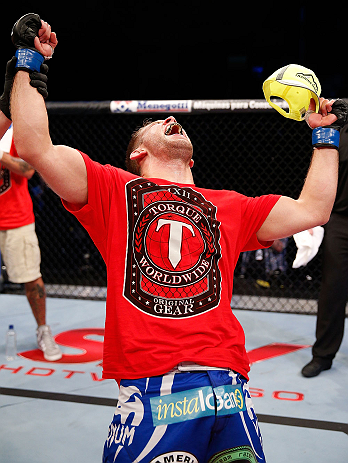 JARAGUA DO SUL, BRAZIL - MAY 18: Nik Lentz reacts after defeating Hacran Dias in their featherweight bout during the UFC on FX event on May 18, 2013 at Arena Jaragua in Jaragua do Sul, Santa Catarina, Brazil. (Photo by Josh Hedges/Zuffa LLC/Zuffa LLC via