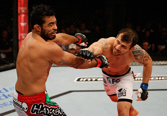 JARAGUA DO SUL, BRAZIL - MAY 18: (R-L) Joao Zeferino punches Rafael Natal in their middleweight bout during the UFC on FX event on May 18, 2013 at Arena Jaragua in Jaragua do Sul, Santa Catarina, Brazil. (Photo by Josh Hedges/Zuffa LLC/Zuffa LLC via Getty