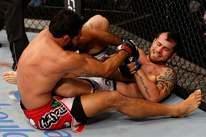 JARAGUA DO SUL, BRAZIL - MAY 18: (R-L) Joao Zeferino attempts a heel hook submission against Rafael Natal in their middleweight bout during the UFC on FX event on May 18, 2013 at Arena Jaragua in Jaragua do Sul, Santa Catarina, Brazil. (Photo by Josh Hedg