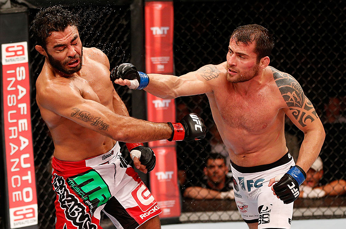 JARAGUA DO SUL, BRAZIL - MAY 18: (R-L) Joao Zeferino punches Rafael Natal in their middleweight bout during the UFC on FX event on May 18, 2013 at Arena Jaragua in Jaragua do Sul, Santa Catarina, Brazil. (Photo by Josh Hedges/Zuffa LLC/Zuffa LLC via Getty