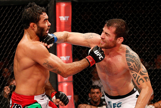 JARAGUA DO SUL, BRAZIL - MAY 18: (R-L) Joao Zeferino punches Rafael Natal in their middleweight bout during the UFC on FX event on May 18, 2013 at Arena Jaragua in Jaragua do Sul, Santa Catarina, Brazil. (Photo by Josh Hedges/Zuffa LLC/Zuffa LLC via Getty