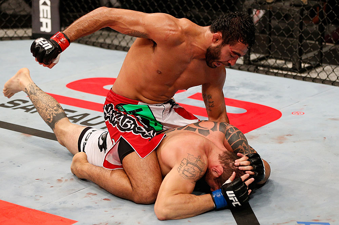 JARAGUA DO SUL, BRAZIL - MAY 18: (L-R) Rafael Natal punches Joao Zeferino in their middleweight bout during the UFC on FX event on May 18, 2013 at Arena Jaragua in Jaragua do Sul, Santa Catarina, Brazil. (Photo by Josh Hedges/Zuffa LLC/Zuffa LLC via Getty