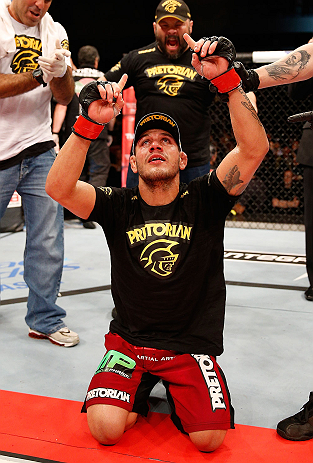 JARAGUA DO SUL, BRAZIL - MAY 18: Rafael dos Anjos reacts after defeating Evan Dunham in their lightweight bout during the UFC on FX event on May 18, 2013 at Arena Jaragua in Jaragua do Sul, Santa Catarina, Brazil. (Photo by Josh Hedges/Zuffa LLC/Zuffa
