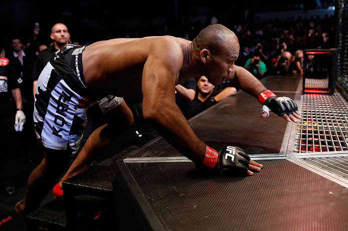 JARAGUA DO SUL, BRAZIL - MAY 18: Ronaldo 'Jacare' Souza prepares to enter the Octagon before his middleweight bout against Chris Camozzi during the UFC on FX event on May 18, 2013 at Arena Jaragua in Jaragua do Sul, Santa Catarina, Brazil. (Photo by Jo