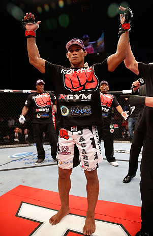 JARAGUA DO SUL, BRAZIL - MAY 18: Ronaldo 'Jacare' Souza reacts after defeating Chris Camozzi in their middleweight bout during the UFC on FX event on May 18, 2013 at Arena Jaragua in Jaragua do Sul, Santa Catarina, Brazil. (Photo by Josh Hedges/Zuffa L